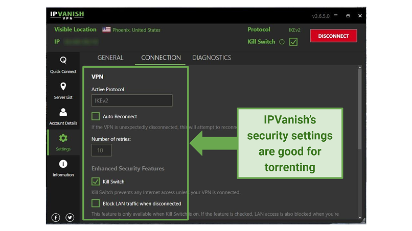 Graphic showing IPVanish security settings