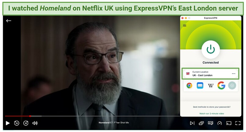 A screenshot of streaming Homeland Season 8 on Netflix UK using ExpressVPN's East London server