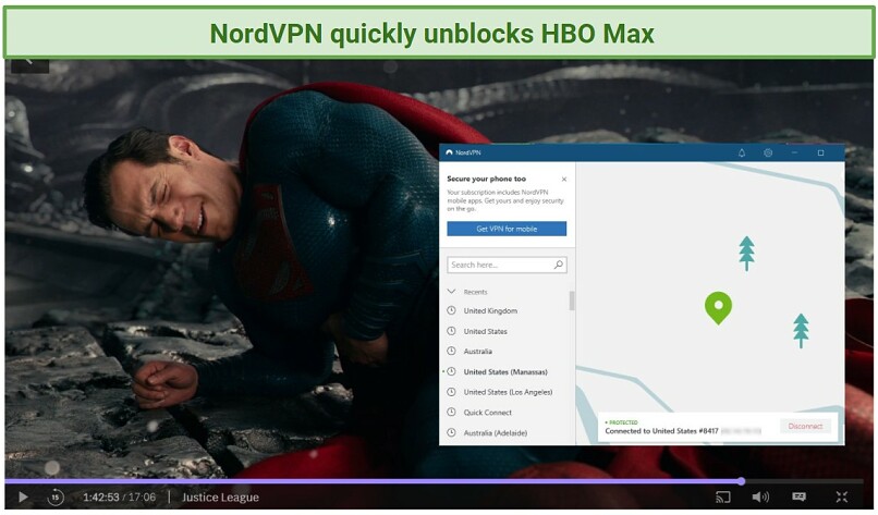 screenshot of Justice League streaming in HBO Max player unblocked with NordVPN