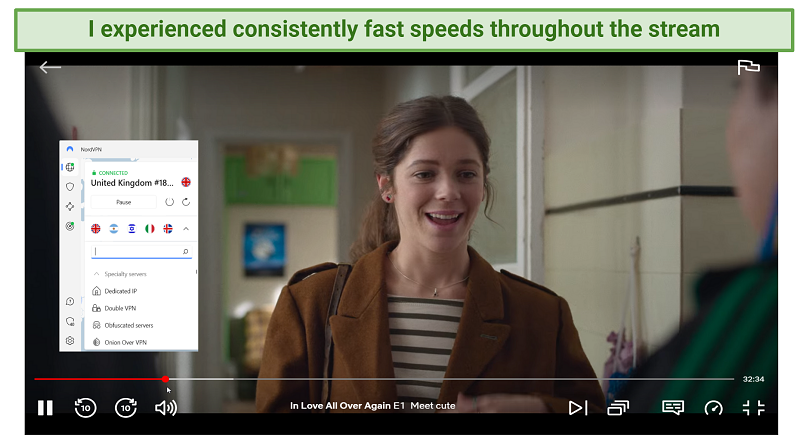 Nordvpn Connected와 Netflix UK에서 Streaming In All Over Streaming의 스크린 샷