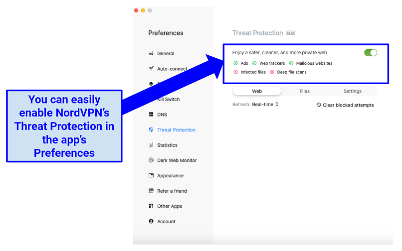 위협 보호 기능을 강조하는 NordVPN MACOS 앱의 스크린 샷