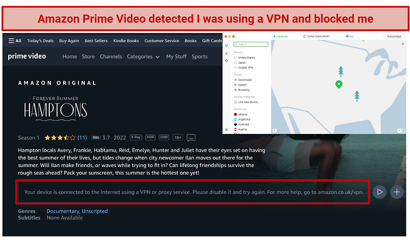 Screenshot of Amazon Prime Video error message received while connected to NordVPN 
