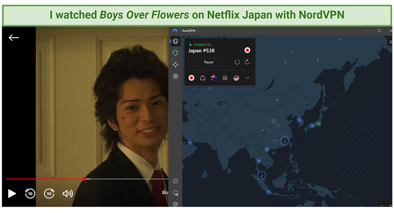 Screenshot of NordVPN accessing Netflix Japan and streaming Boys Over Flowers