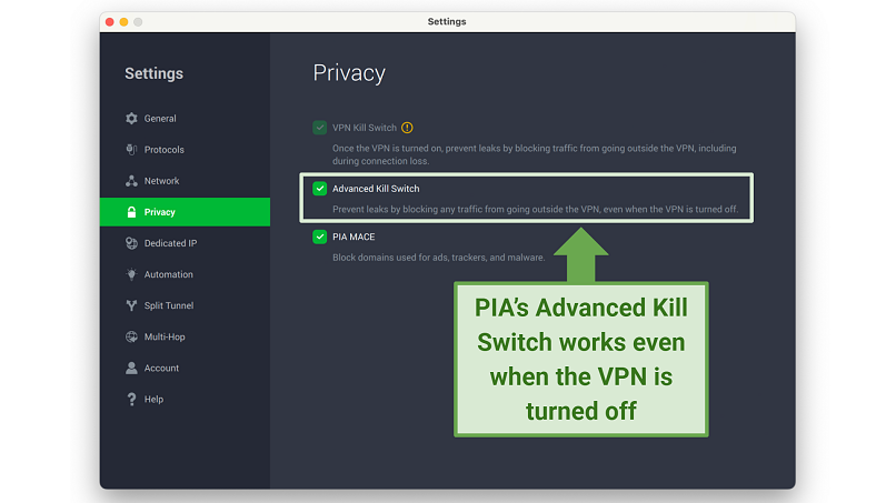 Screenshot showing PIA's Advanced Kill Switch feature