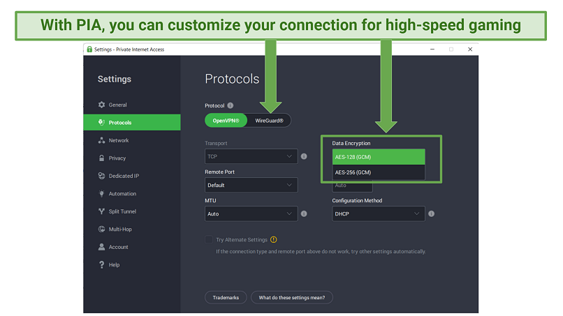 Screenshot displaying how to customize your VPN connection with PIA