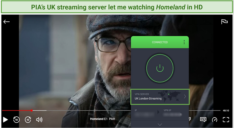 A screenshot of Homeland playing while connected to PIA