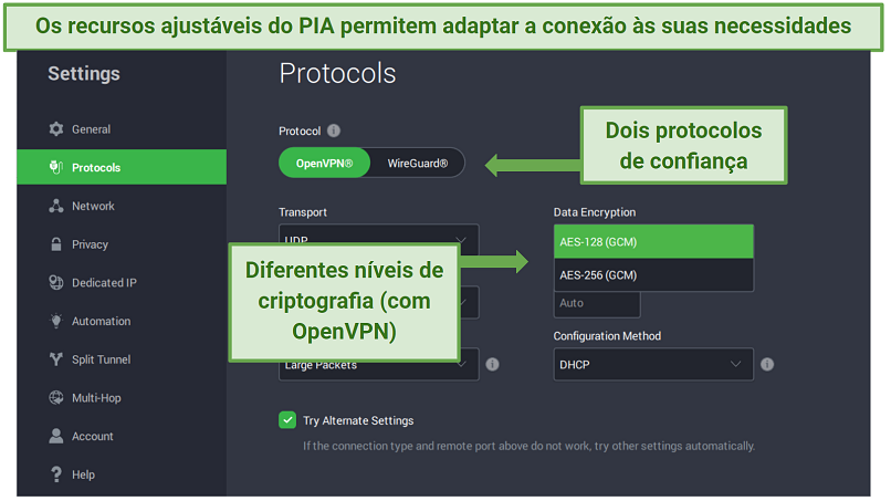 PIA's Windows app displaying different protocol and encryption settings