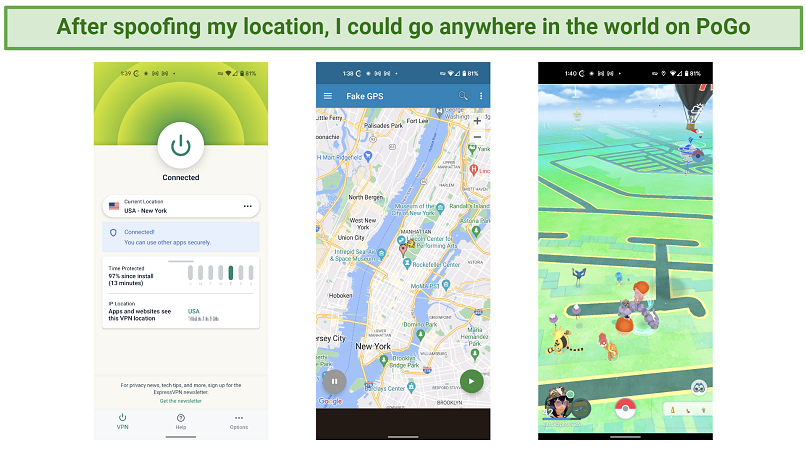 ภาพหน้าจอของโทรศัพท์ Android โดยใช้แอพปลอมแปลง GPS และ VPN เพื่อเปลี่ยนสถานที่และเล่นโปเกมอนไปนิวยอร์ก