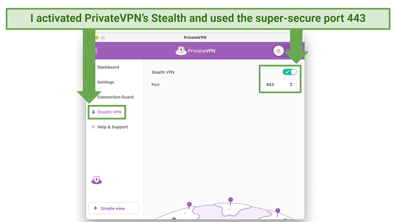 Screenshot showing the Advanced View of the PrivateVPN app activating Stealth VPN