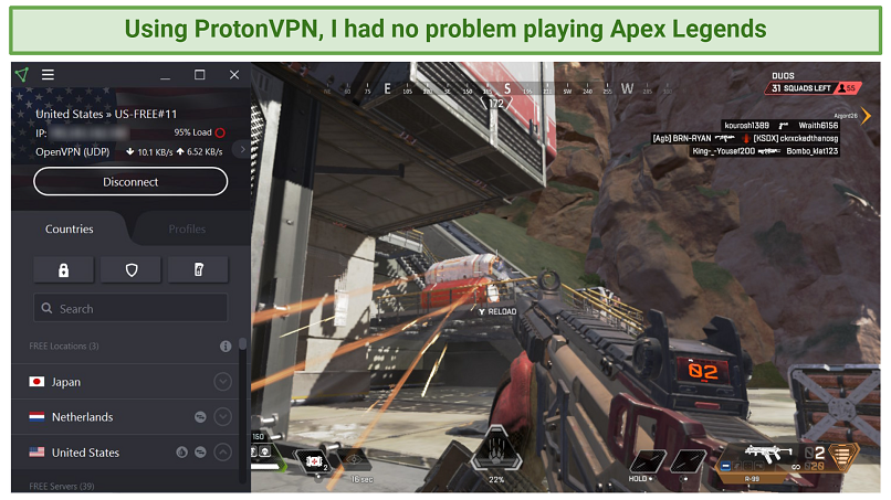 A screenshot showing someone playing Apex Legends while connected to a ProtonVPN server in the US