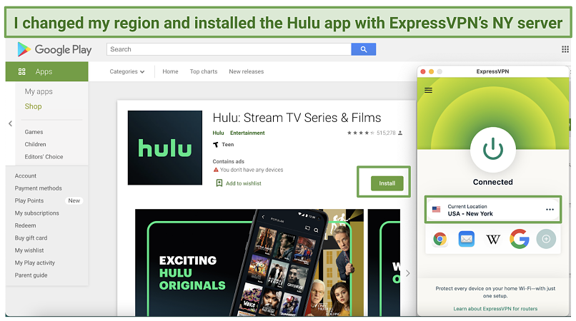 A screenshot of the Google Play Store page allowing me to install the Hulu app while connected to the ExpressVPN's US server