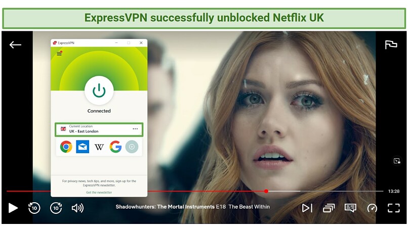 A screenshot of ExpressVPN unblocking Shadowhunters on Netflix;