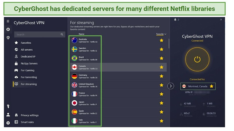 A screenshot of CyberGhost's app showing streaming optimized servers for many different Netflix libraries