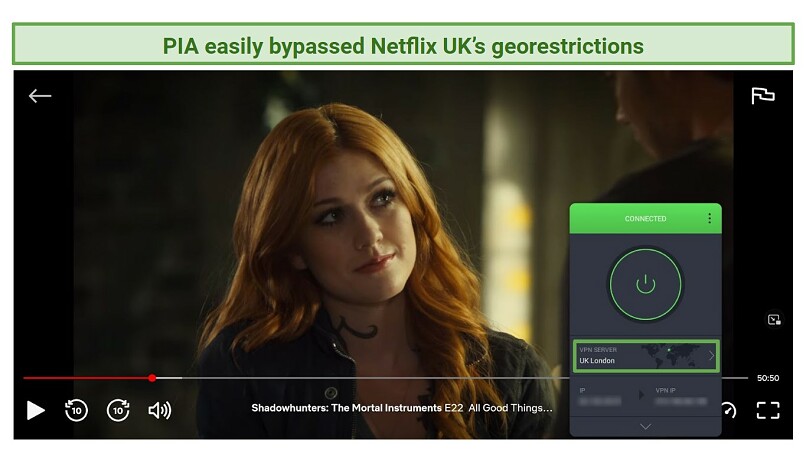 A screenshot of PIA unblocking Shadowhunters on Netflix