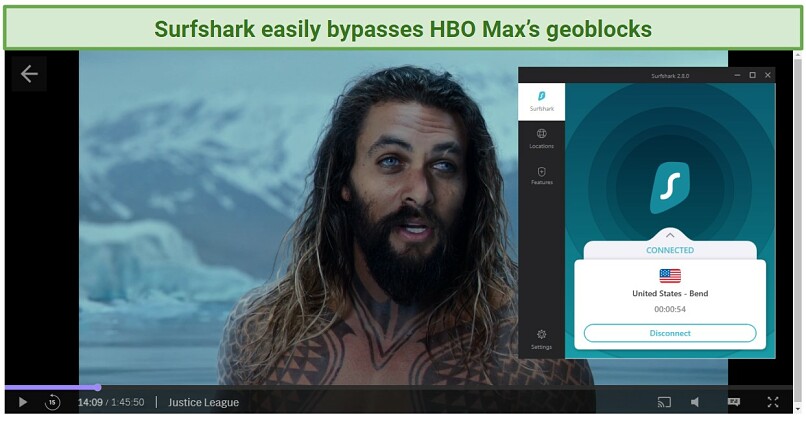 screenshot of Justice League streaming in HBO Max player unblocked with Surfshark