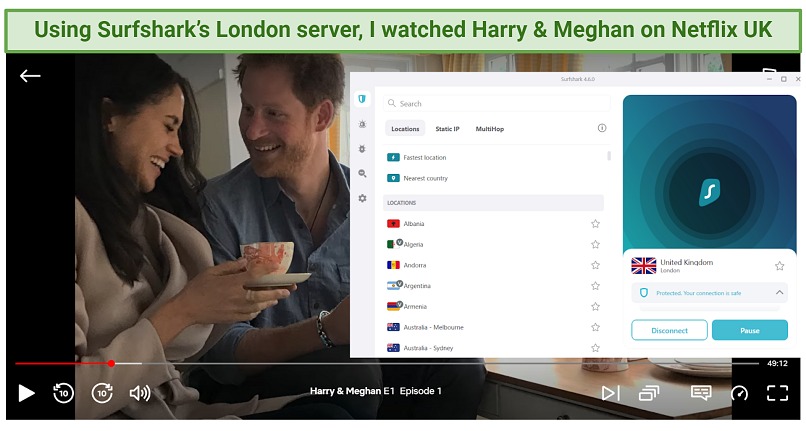 Screenshot showing Surfshark VPN's UK London server accessing Netflix and streaming Harry & Meghan