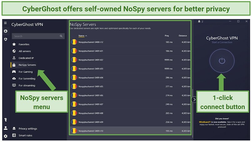 Graphic showing the NoSpy servers menu and 1-click connect button of CyberGhost.