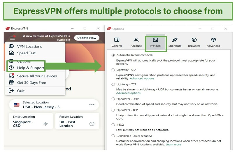Graphic showing how to access the protocol options in ExpressVPN settings menu.