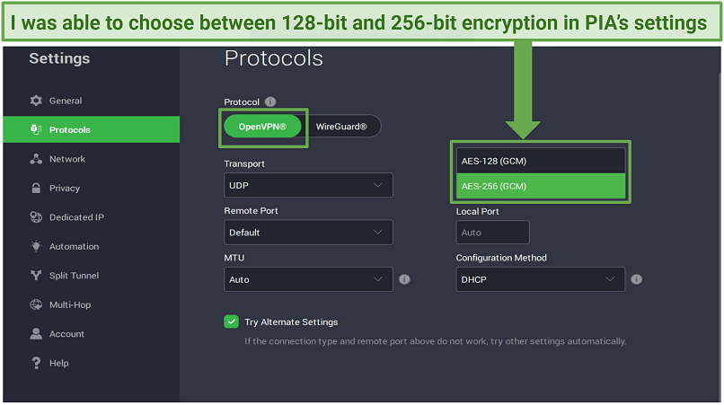 Image of PIA&rsquo;s protocol settings that allow users to choose between 128-bit and 256-bit encryption when using OpenVPN.
