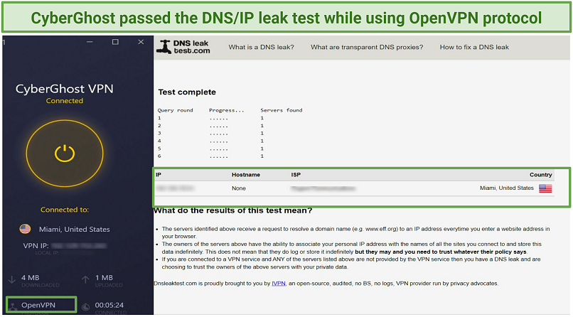 Image of DNS leak results ran while using the OpenVPN protocol on CyberGhost.