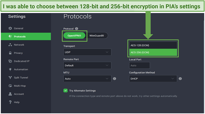 Image of PIA's protocol settings that allow users to choose between 128-bit and 256-bit encryption when using OpenVPN.