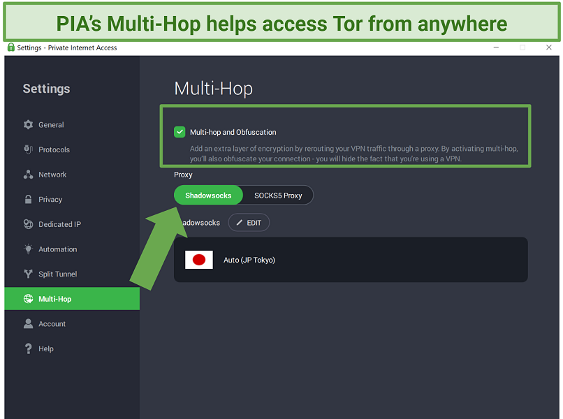 Screenshot of Private Internet Access' Multi-Hop settings screen on Windows app