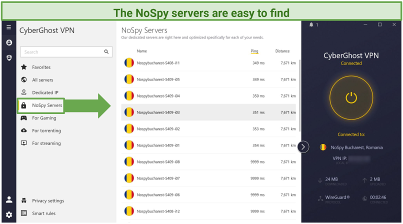 Screenshot of CyberGhost Windows app with NoSpy servers.
