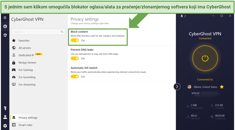 CyberGhost's Windows app displaying how to enable the built-in adblocker