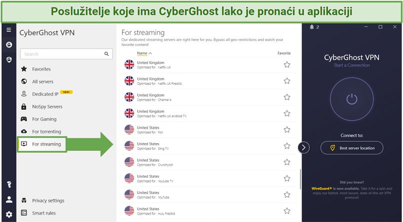 CyberGhost's Windows app displaying where to find its specialty servers