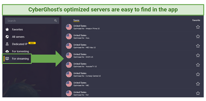 Screenshot of CyberGhost's optimized streaming servers on the Windows app