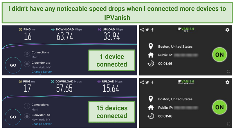 Screenshot of speed tests with IPVanish