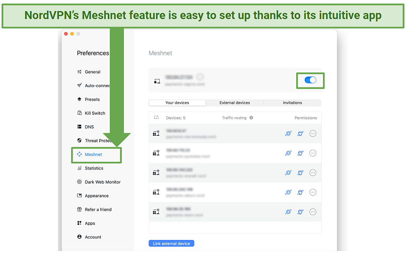 Screenshot of the NordVPN app enabling the Meshnet feature