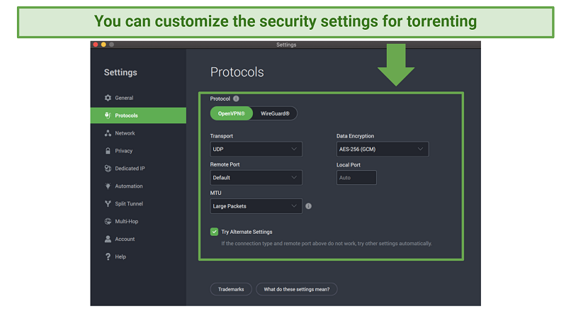 Screenshot of PIA's security features