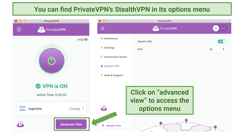 Screenshot of PrivateVPN's options menu