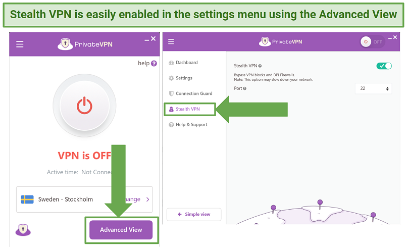 Screenshot of enabling PrivateVPN's Stealth VPN in the VPN settings