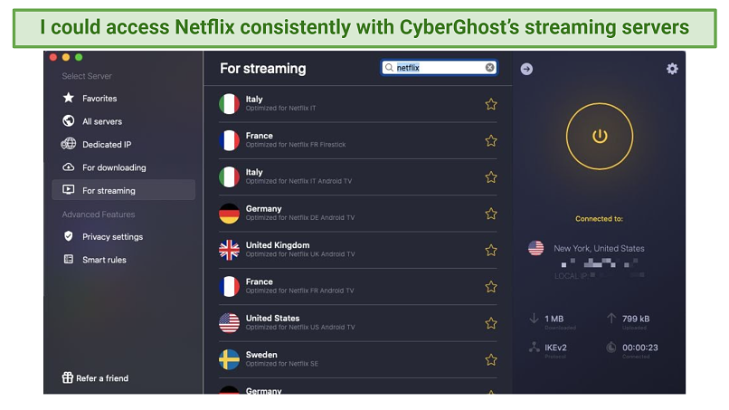 Screenshot of CyberGhost's streaming-optiized servers for Netflix