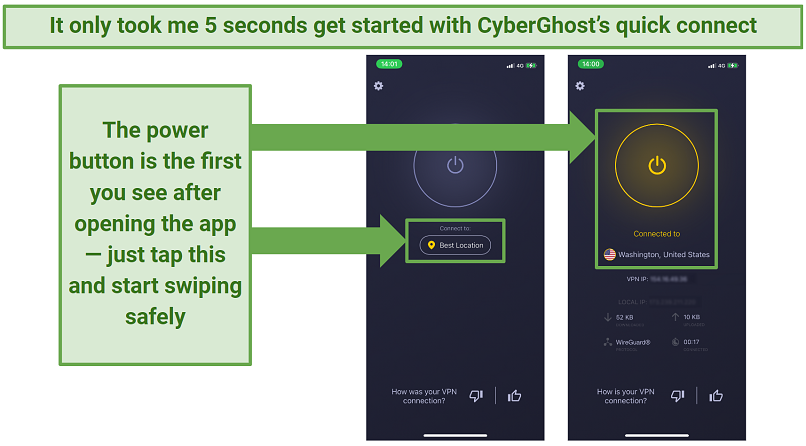 A screenshot of the CyberGhost mobile app showing that it's easy to use.