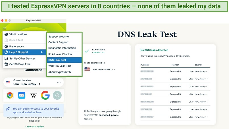 A screenshot of ExpressVPN passing a leak test.