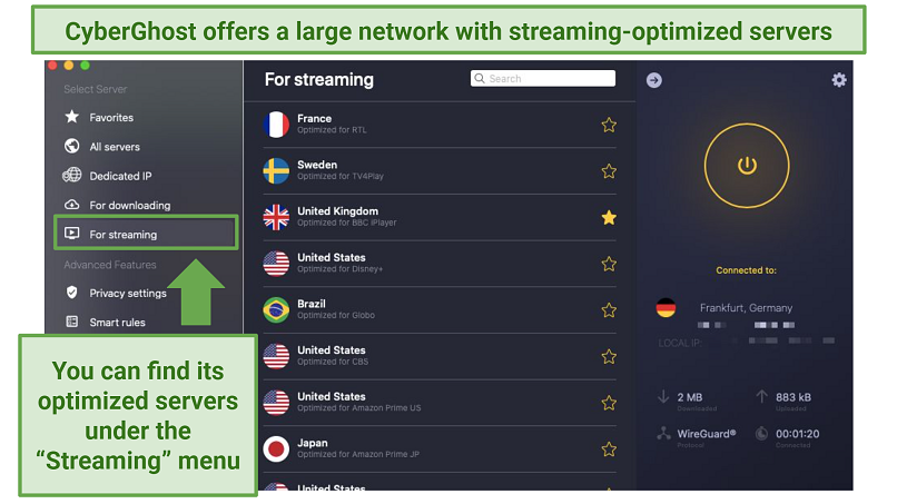 Screenshot of CyberGhost's server network