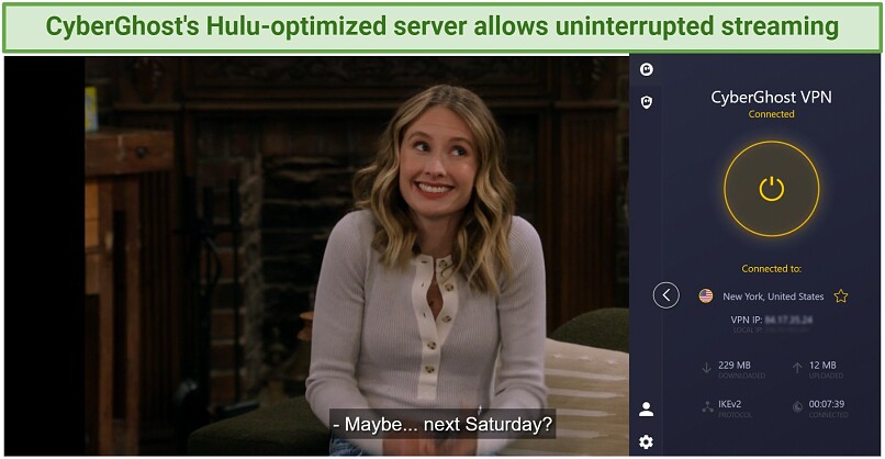 A screenshot of CyberGhost's app open while watching Hulu.