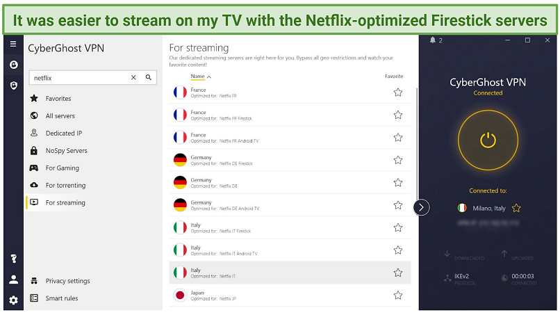 Screenshot of CyberGhost Windows app highlighting the Netflix-optimized servers