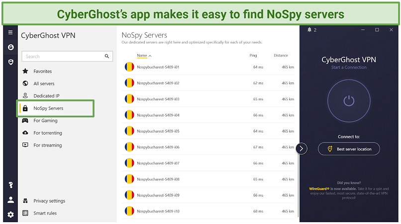 A screenshot showing CyberGhost's NoSpy servers on its Windows app