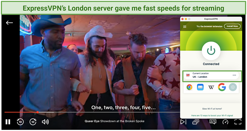 An image showing an episode of Queer Eye on Netflix while connected to one of ExpressVPN's UK servers