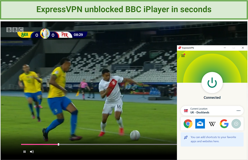 Screenshot showing Copa America streaming on BBC iPlayer after connecting to a UK ExpressVPN server