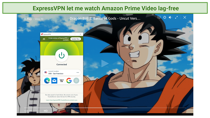 Screenshot of Amazon Prime Video player streaming Dragon Ball Z: Battle of Gods unblocked with ExpressVPN
