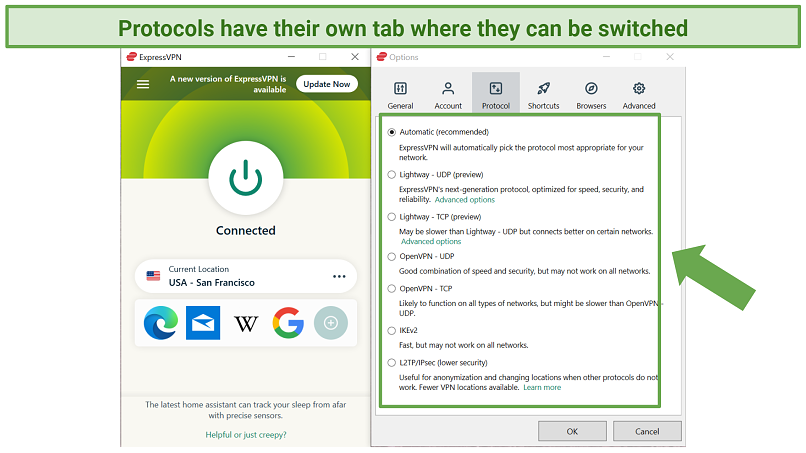 Screenshot showing protocols tab in ExpressVPN app for Windows