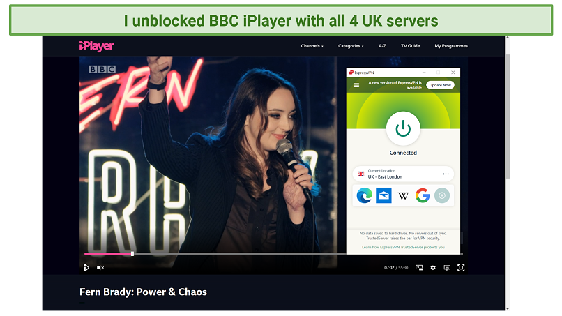 Screenshot of BBC iPlayer streaming Fern Brady: Power & Chaos unblocked by ExpressVPN
