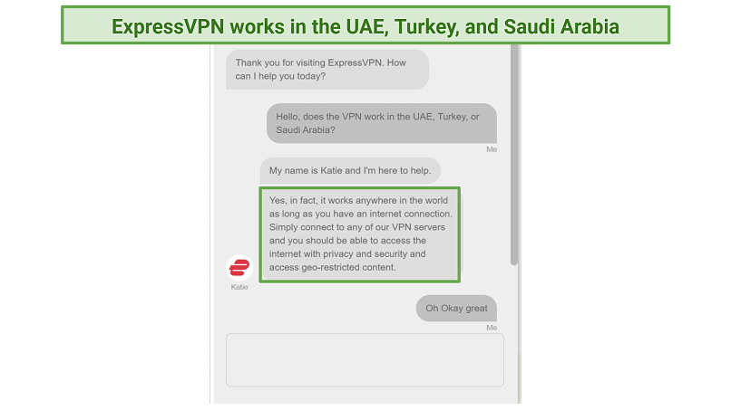 Captura de pantalla de chat con el personal de soporte de expressvpn confirmando que funciona en todo el mundo