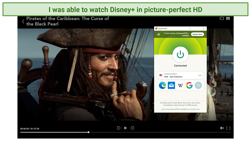 Screenshot of Disney+ player streaming Pirates of the Caribbean: The Curse of the Black Pearl unblocked by ExpressVPN