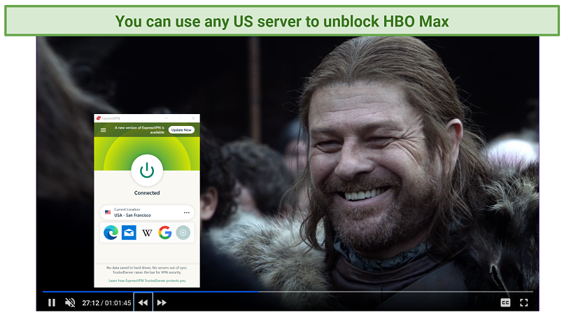 Screenshot of HBO Max player streaming Game of Thrones unblocked by ExpressVPN